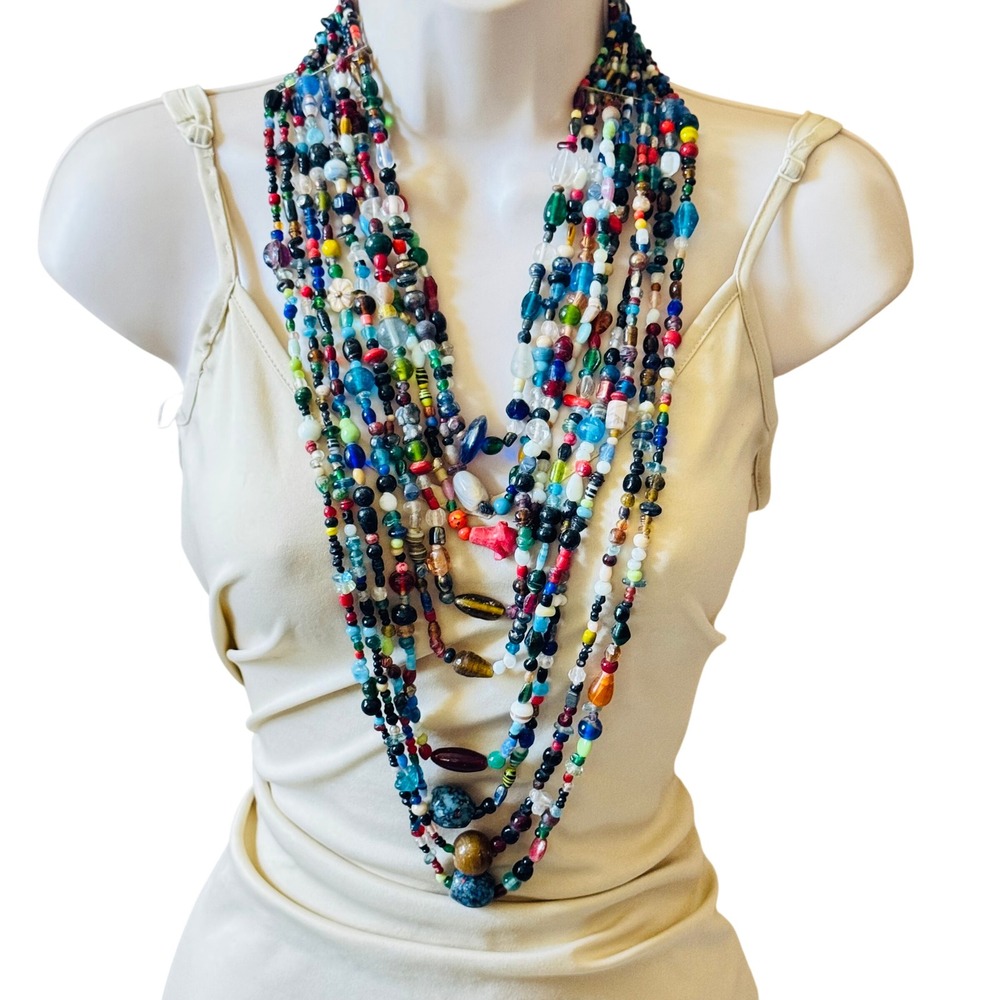 VTG Long Multi Necklace Colorful Murano Glass Beaded End of Day Statement BOHO